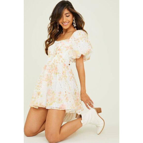 Altar'd State Rosalinda Eyelet Mini Dress in White Floral Small - Picture 1 of 9